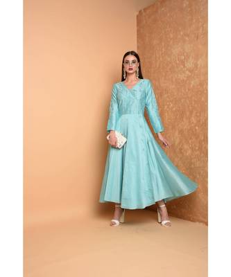 Turquoise Silk Embroidered Suit Set 1