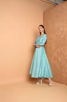 Turquoise Silk Embroidered Suit Set