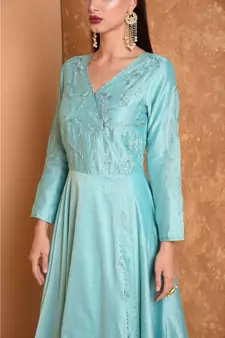 Turquoise Silk Embroidered Suit Set