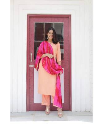 Peach & pink lehariya suit set. 1