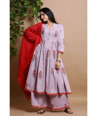 cotton embroidered muave kurta set 1