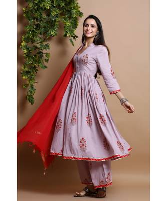 cotton embroidered muave kurta set 2