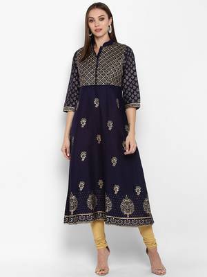 Womens Navy Blue Cotton Block Printed Anarkali 1