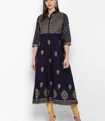 Womens Navy Blue Cotton Block Printed Anarkali