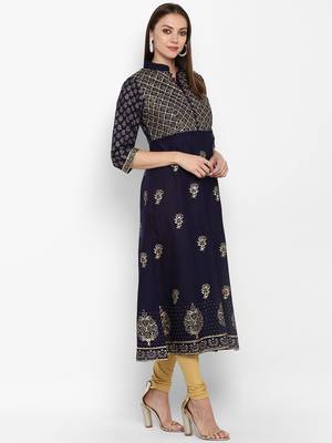Womens Navy Blue Cotton Block Printed Anarkali 2