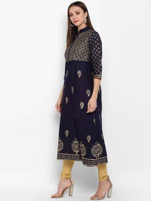 Womens Navy Blue Cotton Block Printed Anarkali 3