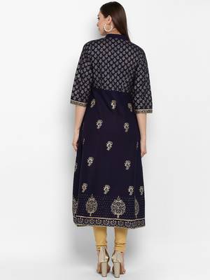 Womens Navy Blue Cotton Block Printed Anarkali 4