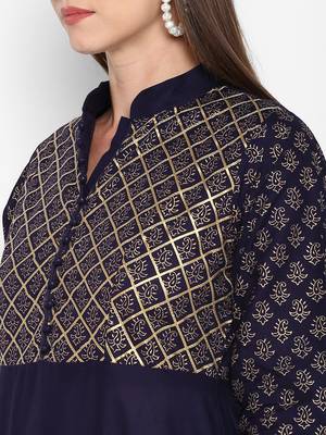 Womens Navy Blue Cotton Block Printed Anarkali 5