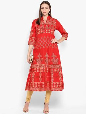 Womens Red Cotton Block Printed Anarkali 1