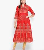 Womens Red Cotton Block Printed Anarkali