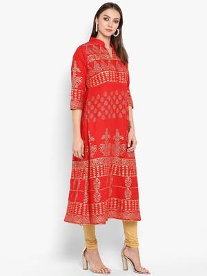 Womens Red Cotton Block Printed Anarkali 2