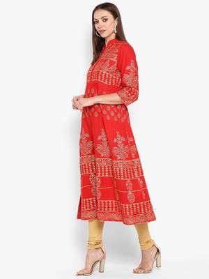 Womens Red Cotton Block Printed Anarkali 3