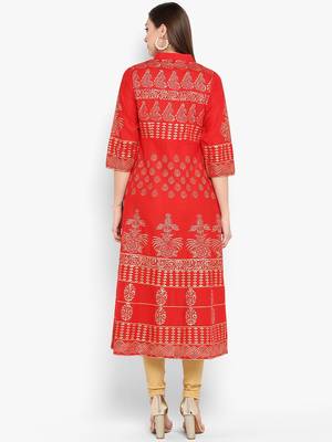Womens Red Cotton Block Printed Anarkali 4