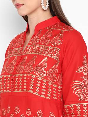 Womens Red Cotton Block Printed Anarkali 5