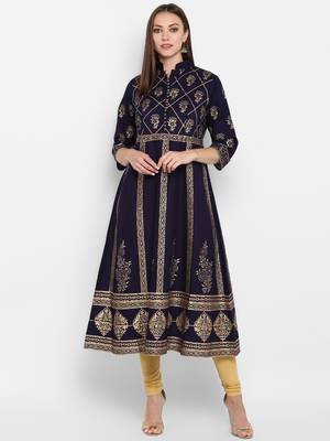 Womens Navy Blue Cotton Block Printed Anarkali 1