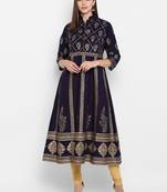 Womens Navy Blue Cotton Block Printed Anarkali