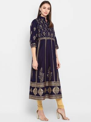 Womens Navy Blue Cotton Block Printed Anarkali 2