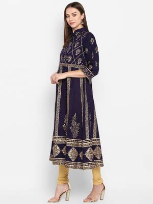 Womens Navy Blue Cotton Block Printed Anarkali 3