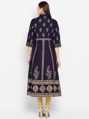 Womens Navy Blue Cotton Block Printed Anarkali 4