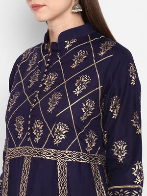 Womens Navy Blue Cotton Block Printed Anarkali 5