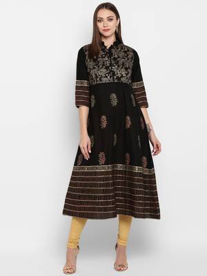 Womens Black Cotton Block Printed Anarkali 1