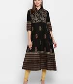 Womens Black Cotton Block Printed Anarkali