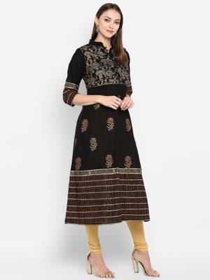 Womens Black Cotton Block Printed Anarkali 2