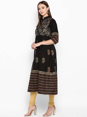 Womens Black Cotton Block Printed Anarkali 3