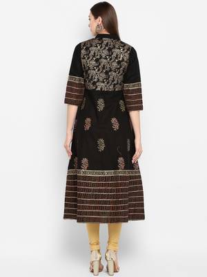 Womens Black Cotton Block Printed Anarkali 4