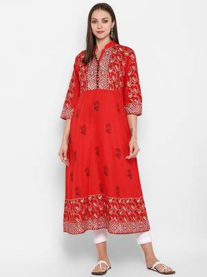 Womens Red Cotton Block Printed Anarkali 1