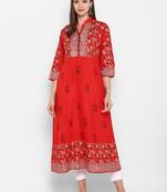 Womens Red Cotton Block Printed Anarkali