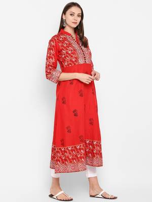 Womens Red Cotton Block Printed Anarkali 2