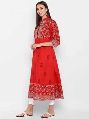 Womens Red Cotton Block Printed Anarkali 3