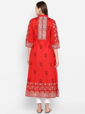 Womens Red Cotton Block Printed Anarkali 4