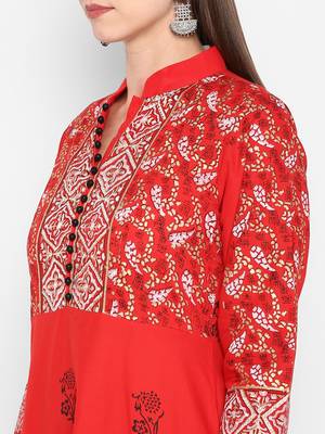 Womens Red Cotton Block Printed Anarkali 5