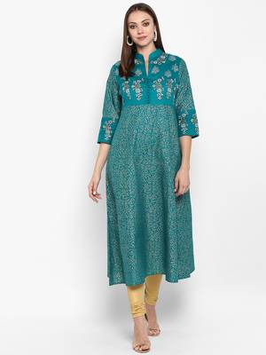 Womens Green Cotton Block Printed Anarkali 1