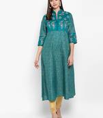 Womens Green Cotton Block Printed Anarkali