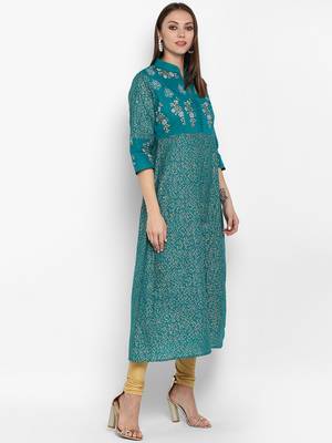 Womens Green Cotton Block Printed Anarkali 2