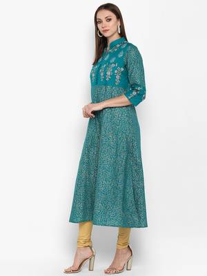 Womens Green Cotton Block Printed Anarkali 3