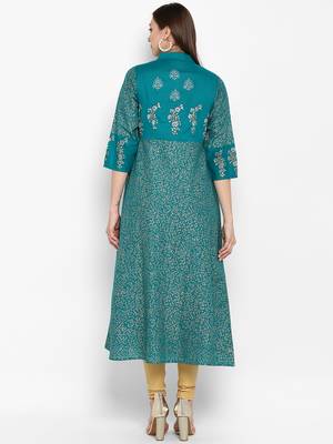 Womens Green Cotton Block Printed Anarkali 4