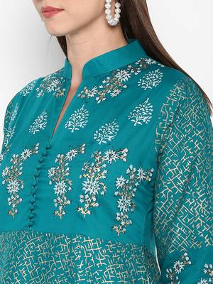 Womens Green Cotton Block Printed Anarkali 5