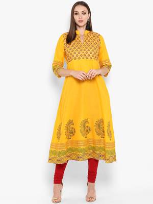 Womens Yellow Cotton Block Printed Anarkali 1