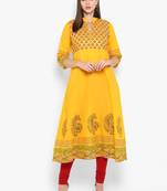 Womens Yellow Cotton Block Printed Anarkali