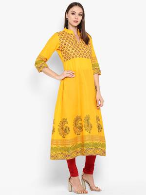 Womens Yellow Cotton Block Printed Anarkali 2
