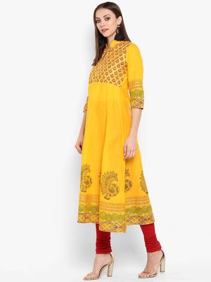Womens Yellow Cotton Block Printed Anarkali 3