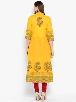 Womens Yellow Cotton Block Printed Anarkali 4