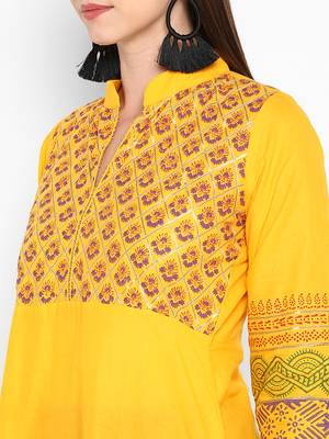 Womens Yellow Cotton Block Printed Anarkali 5