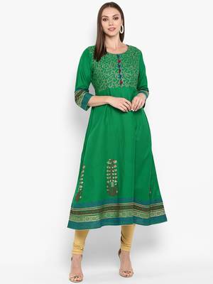 Womens Green Cotton Block Printed Anarkali 1