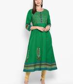Womens Green Cotton Block Printed Anarkali