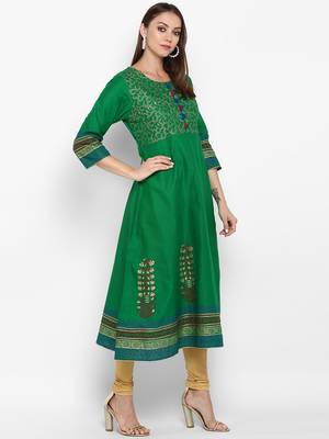 Womens Green Cotton Block Printed Anarkali 2